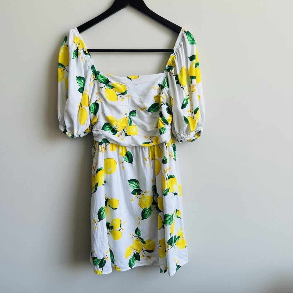 Lemon Print Dress Linen Blend Puff Sleeve Smocked Back Mini Coastal M